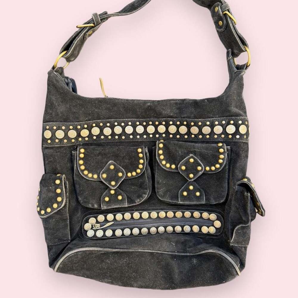 Black Y2K suede-like studded shoulder bag